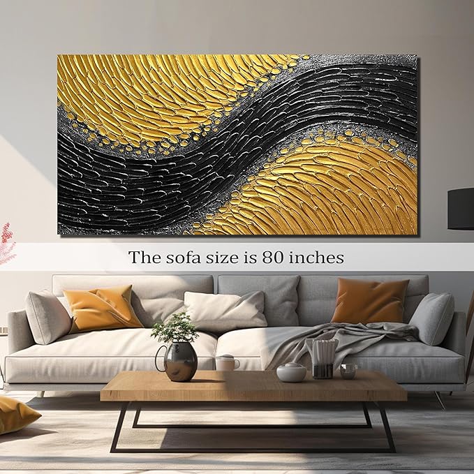 Black and Gold Abstract Painting Wall Decor for Living Room Modern 3D Hand Painted Wall Art for Office Extra Large Wall Art Bedroom Size 36 x 72 Inch