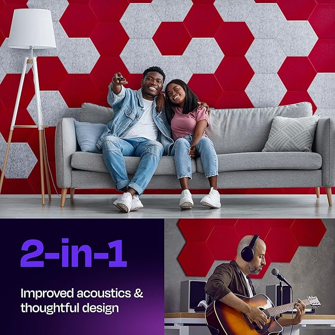 Acoustic Panels 12-Pack Soundproof Wall Panels 14"X12.1"X0.4" Sound Panels High Density Sound Dampening Panels - [Candy Red Hexagon]