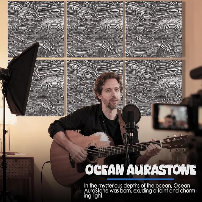 Acoustic Wall Panels 6 Pack, 24"x24"Decorative Art Soundproof Panels, Sound Absorbing Self-Adhesive Panel, Acoustic Treatment for Studio, Home Theater, Office (Ocean AuraStone)