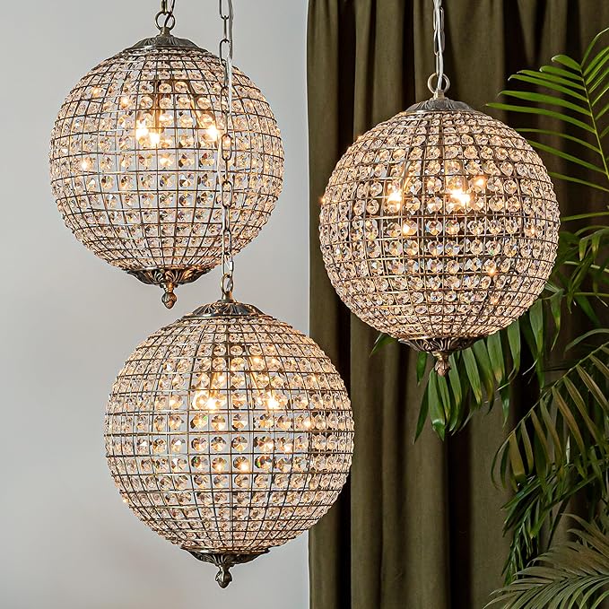 ALOADECOR 3-Light 16" Retro Antique Gold Crystal Globe Chandelier Sphere Cage-Style Shade Pendant Light for Kitchen Isl and Dining Room