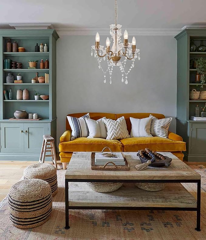 LaLuLa Wood Color Chandelier Mini Crystal Chandeliers Lighting with Acrylic Crystals 4 Lights Antique Farmhouse Light Fixtures for Dining Room