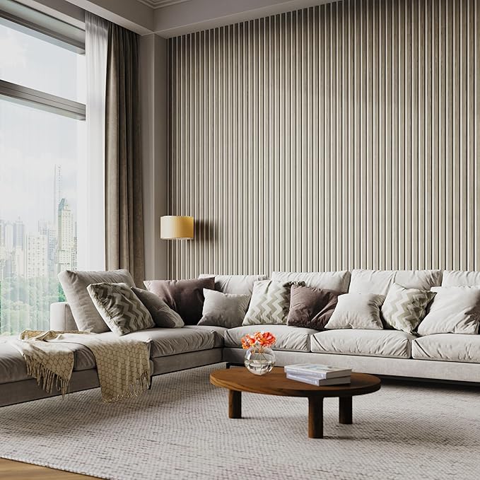 94" x 12.6" 3D Acoustic Slat Wood Wall Panels | Modern Sound-Dampening & Eco-Friendly Design (2-Piece Set) (Sandstone Oak)