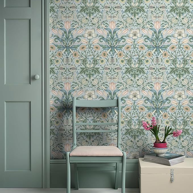 17.3"x394" Peel and Stick Vintage Floral Contact Paper Blue Background Pink Pomegranate Flower William Morris Wallpaper Self Adhesive Wall Paper Removable