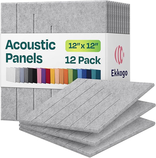 Acoustic Panels 12-Pack Soundproof Wall Panels 12"x12"x0.4" Decorative Sound Dampening for Your Home, Office, Studio, Bedroom & More with Unique LineWave Carving [Smoky White]