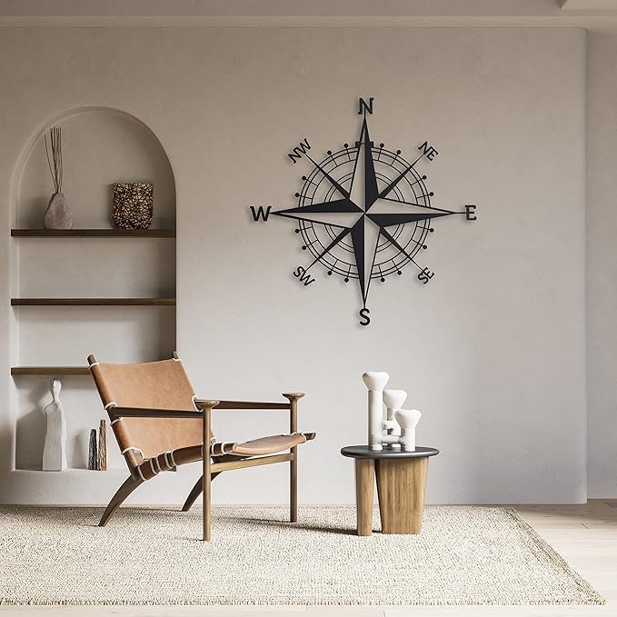 Nautical Compass Rose Metal Wall Art, Large Wall Decor, Black Compass Wall Sculptures, Indoor Outdoor Hanging, Housewarming Gift for Home Decor, Room Decor, Living room, Bedroom (Black 23" x 23")