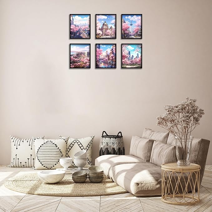 Luodroduo Japanese Wall Art Set of 6 Japan Rural Architecture Abstract Scenery Illustration Wall Decor Countryside Streets Canvas Art Poster for Living Room Bedroom Wall Art (E, 8"x10" UNFRAMED)