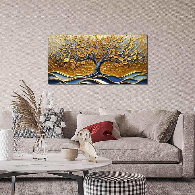 CANEITO Tree Wall Art for Living Room, Gold Wall-Decor for Bedroom, Modern Landscape Poster Canvas Print, Size 40x20 Inches