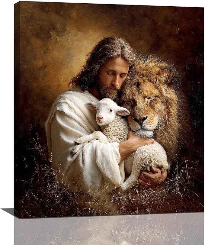Jesus Lion Lamb Wall Art Christian Jesus Wall Decor Lion of Judah Pictures Religious God Canvas Painting Print Christ Artwork Decoration for Living Room Bedroom Church Framed Gifts 20”X24”