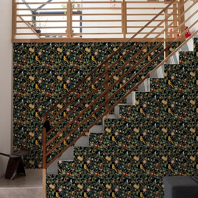 Colorful Floral Animal Wallpaper Self Adhesive Peel and Stick Black Watercolor Vivid Botanical Bird Fruit Leaf Contact Paper Removable Waterproof for Bedroom Renter Friendly 17.71"x236.2"