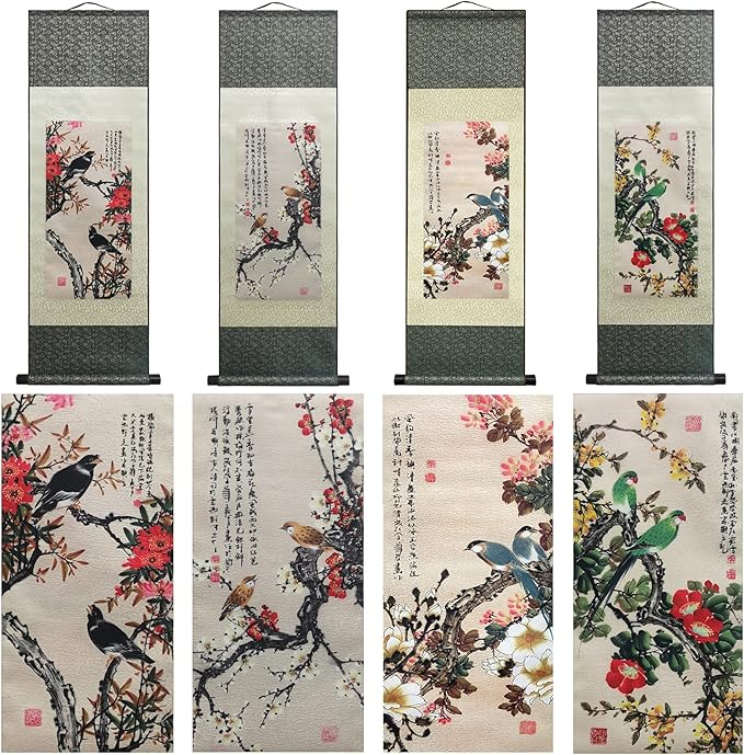 AtfArt Asian Wall Decor - Beautiful Silk Scroll Painting 4 Color Flower bird - Starling Thrush Magpie Parrot Oriental Decor Chinese Art Wall Scroll Hanging Painting 36.2 x 12in (4 Piece)