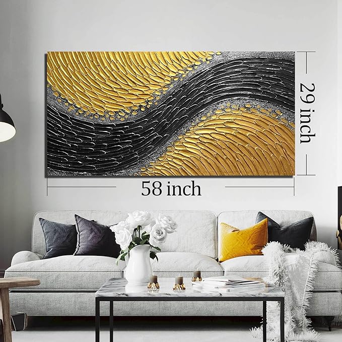 Black and Gold Hand Painted Oil Painting for Bedroom Abstract Pictures for Living Room Large 3D Textured Canvas Wall Art for Office Size 29 x 58 Inch