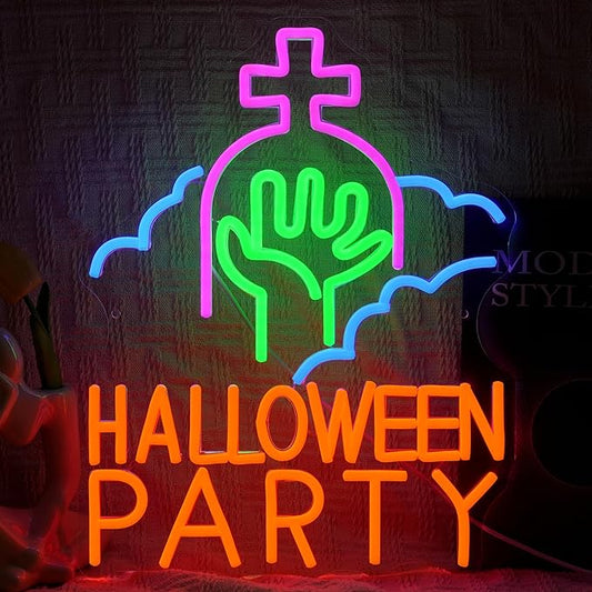 Halloween Party Neon Sign USB Powered Gothic Tombstone Light up Sign Dimmable Halloween Ghost Zombie Hand Neon Light Wall Decor for Halloween Party Bedroom Bar Man Cave Spooky House