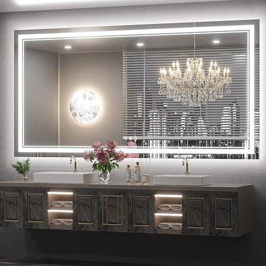 Keonjinn LED Bathroom Mirror 72" x 36" with Backlit and Frontlit, Tempered Glass Stepless 3 Colors Temperature & Dimmable Large Vanity Mirror, UL Listed LED Driver, Double Lights Anti-Fog Wall Mirror