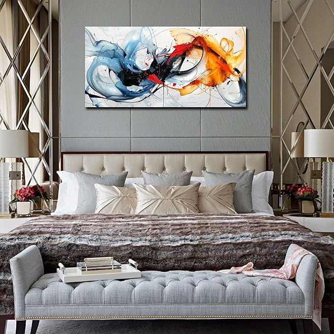 Blue Abstract Canvas Wall Art Bedroom - Modern Wall Art for Living Room Ready to Hang Size 24" x 48"
