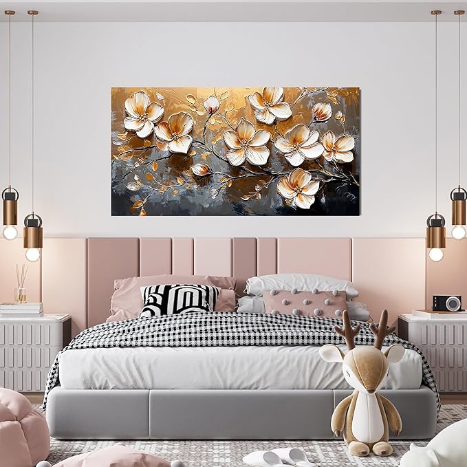 Canvas Wall Art Decor Wall Art Pictures for Living Room Vintage Floral Wall Art Decor White Gold Wall Art Prints Large Artwork for Walls Canvas Art Wall Decor for Bedroom Office Wall Decor 20" X 40"