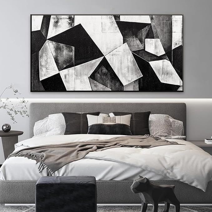 Large Abstract Wall Art For Living Room Geometric Color Block Black And White Wall Art Painting Print Canvas Art Wall Decor Simple Picture Artwork Bedroom Office Home Wall Decor 29" X 58" With Framed