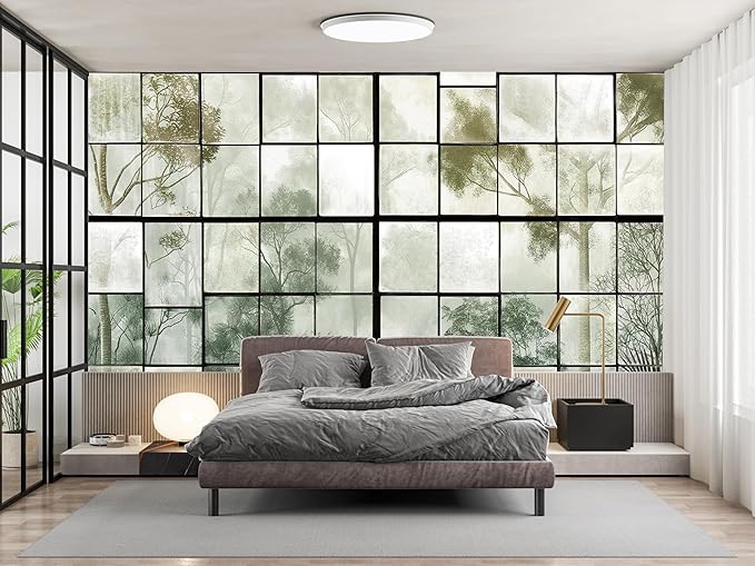 Large 3D Faux Window Wall Mural Peel and Stick 148" W x 110" H 3D Foggy Forest Glass Window Green Natural Landscape Art Decor Wallpaper for Bedroom Office Living Room Canvas Wall Paintings