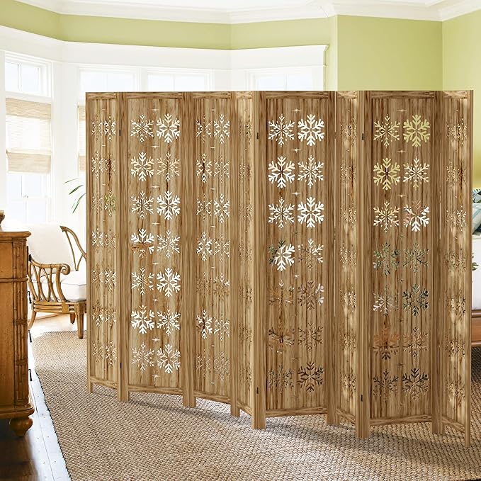 Casaphoria 8 Panels Room Divider, Folding Screen Room Divider with Snowflake Pattern for Home Office, Restaurant and Bedroom, Paulownia Wood, 127" W x 67" H (Natural)