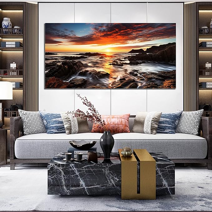 Large Natural Landscape Canvas Wall Art for Living Room, View of Ocean Sunset Panorama Wall-Decor Picture, Coastal Rock Shoreline Sky Canvas Art Piece Print Artwork for Office Bedroom 59x29 Inches
