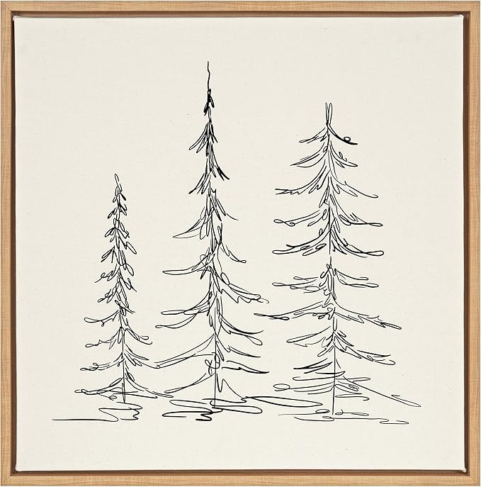 Kate and Laurel Sylvie Minimalist Evergreen Trees Sketch Framed Canvas Wall Art by The Creative Bunch Studio, 30x30 Natural, Chic Modern Art for Wall