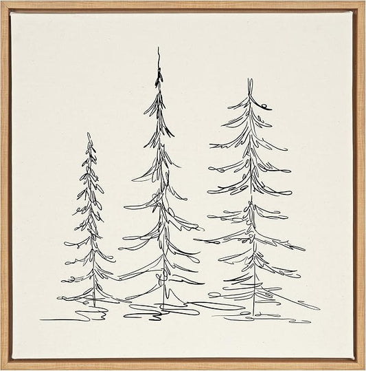 Kate and Laurel Sylvie Minimalist Evergreen Trees Sketch Framed Canvas Wall Art by The Creative Bunch Studio, 30x30 Natural, Chic Modern Art for Wall