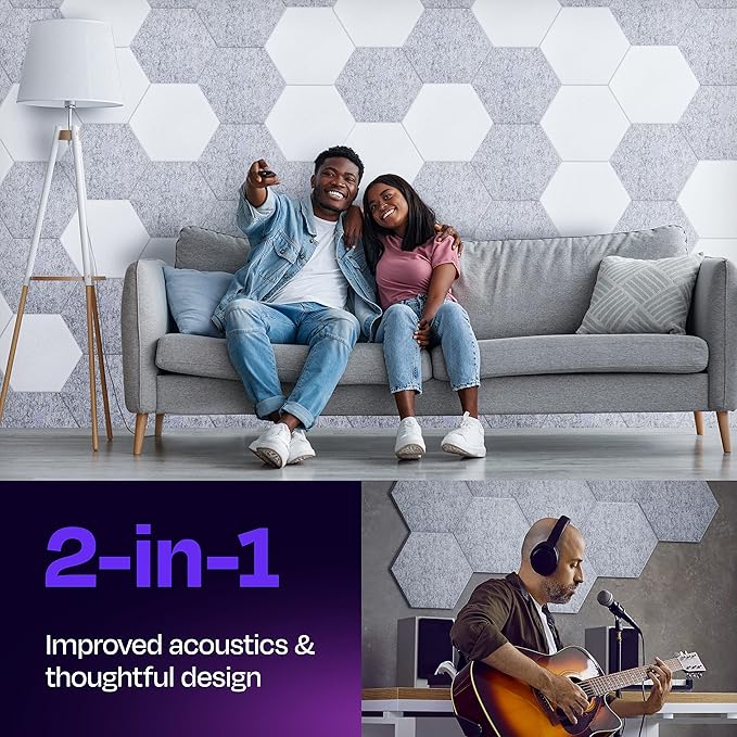 Acoustic Panels 12-Pack Soundproof Wall Panels 14"X12.1"X0.4" Sound Panels High Density Sound Dampening Panels - [Smoky White Hexagon]