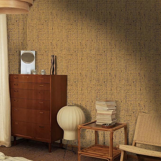 15.75"x787.4" Brown Grasscloth Wallpaper Peel and Stick Removable Textured Wall Paper Self Adhesive Contact Paper Faux Linen Cabinets Drawers Bookshelves Thickened Waterproof Shelf Vinyl Roll