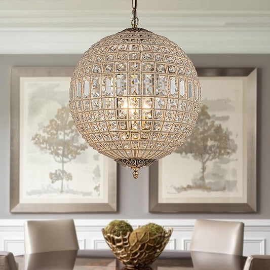 ALOADECOR 3-Light 18'' Vintage French Handcrafted Antique Gold Globe Crystal Chandelier Ornate Sphere Pendant Light Retro Cage-Style Shade with K9 Crystal Beads for Dining Room (3 Light/W18)