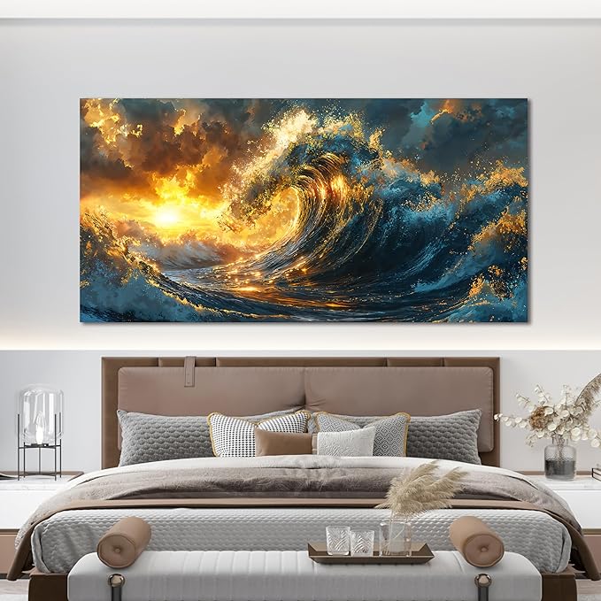 Canvas Wall Art Decor Gold Modern Abstract Aesthetics Wall Art Decor Large Sunshine Wave Canvas Wall Art For Living Room Decorations Canvas Prints Artwork For Bedroom Office Wall Decor 24 X 48 Inch