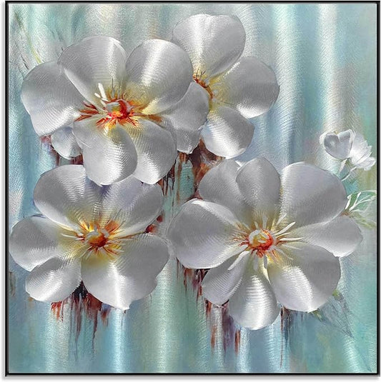 BATRENDY ARTS Silver and Aqua Metal Wall Art Framed Flower Aluminum Painting Hand-polished 3D Botanical Hanging Sculpture Artwork for Bathroom