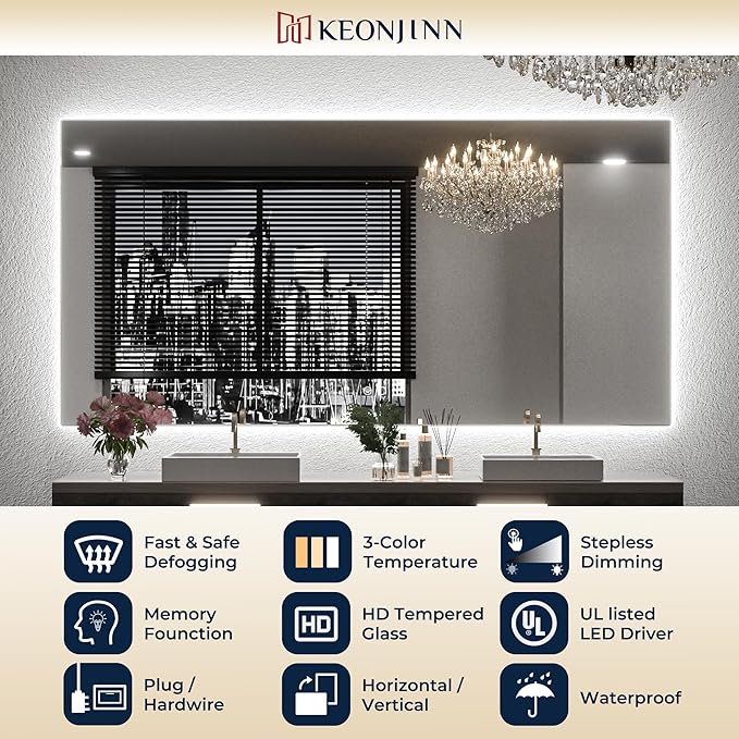 Keonjinn LED Mirror for Bathroom 48 x 36 Inch, Backlit Mirrors with Dimmable 3-Color Lights, Lighted Vanity Mirror High Lumen, Anti-Fog, Shatterproof Tempered Glass, CR90+
