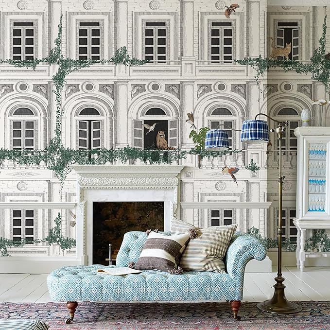 Large 3D Vintage Wall Murals Peel and Stick 148" W x 98" H Black White French Street Wall Mural Building Wallpaper with Animal Birds Canvas Nursery Paper for Living Room Background Bedroom Office