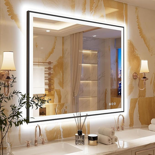LED Bathroom Mirror 48x40 with Backlit and Front Lighted, Framed Dimmable Illuminated Mirror for Wall Anti-Fog Shatterproof (Horizontal/Vertical)…
