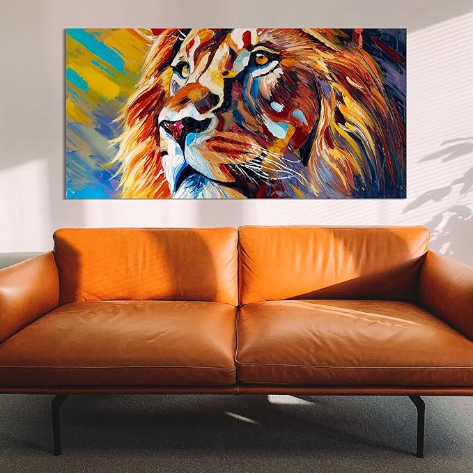 AmoyArt Large Lion Wall Art for Living Room, Animal Canvas Wall-Decor for Bedroom, Colorful Print Picture for Home, Size 58x29 Inches