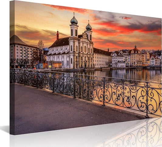 Mordern 1Pcs European Cityscape Canvas Wall Art Scenic Sunset Over River Cathedral with Domes Ready to Hang Architecture Romantic Travel Destination Decorative Framed Artwork for Living Rooms Bedrooms