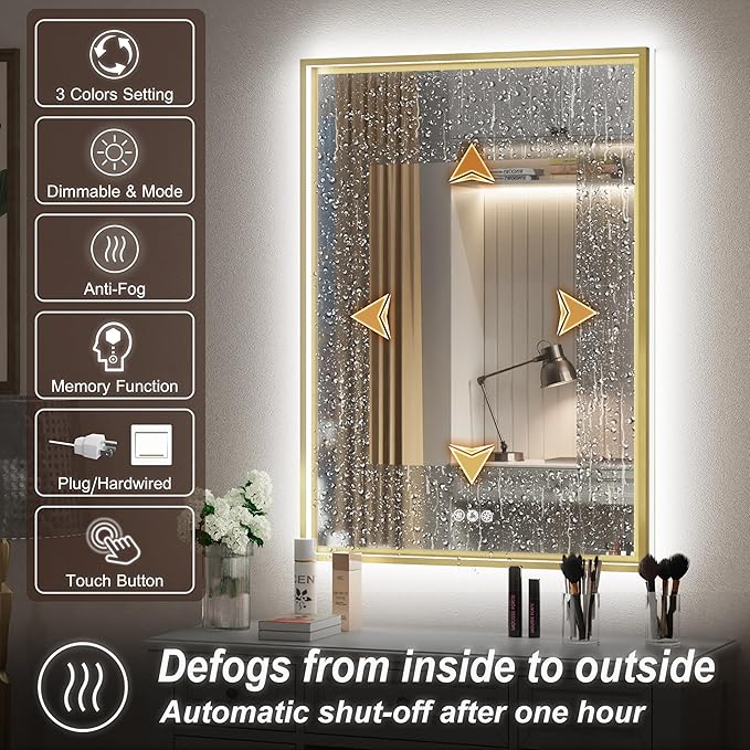 20x28 Inch Gold LED Bathroom Mirror, Front and Backlit Controlled Separately, Lighted Bathroom Vanity Mirror, 3000K/4500K/6000K, Wall Mounted, Dimmable, Anti-Fog, Horizontal/Vertical