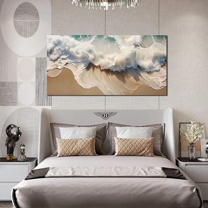Ocean Waves Canvas Wall Art for Living Room, Beach Scenery View Home Decor Picture, Sea Waves Canvas Wall-Decoration, Modern Seaside Scene Decorative Print Artwork for Bedroom, Large Size 59x29 Inches
