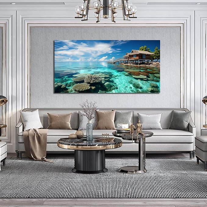 Ocean Scenic Canvas Wall Art, Blue Seascape Wall-Decor Picture , Ocean Scenery Canvas Decoration, Coastal Landscape Print Decorative Artwork for Home living Room Bedroom and Office, Size 48x24 Inches