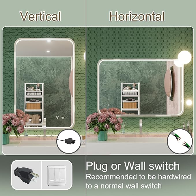 24x36 Inch Silver LED Bathroom Mirror with Lights, Adjustable 3000K/4500K/6000K, Lighted Bathroom Vanity Mirrors, Dimmable, Anti-Fog, Memory Functions, Wall Mounted, Horizontal/Vertical