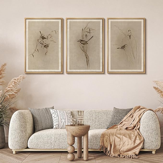 MUDECOR Framed Wall Art Print Set Vintage Bird Wheat Ear Illustrations Modern Art Boho Decorative Colorful Chic for Living Room, Bedroom, Office - 24"x36"x3 Natural
