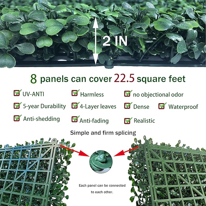 Artificial Boxwood Wall Panels: 20 X 20 in 8P UV-Anti Yellow-Green Color Faux Greenery Grass Wall Backdrop Panels for Indoor Outdoor Home Decor & Ivy Fence Covering Privacy