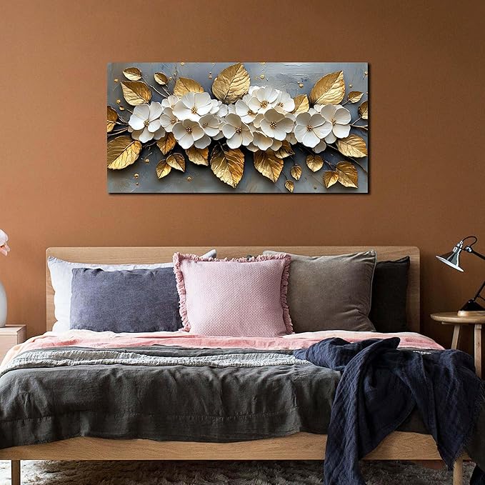 CANEITO Flower Wall Art for Living Room, White Plum Blossom and Golden Leaves Wall-Decor for Bedroom, Natural Canvas Prints Pictures for Hallway Office, Size 40x20 Inches