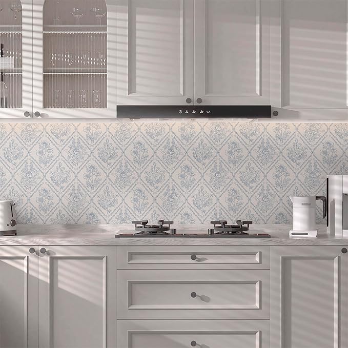 Kitico Peel and Stick Wallpaper Vintage Boho Wallpaper Blue and Beige Contact Paper Floral Removable Waterproof Wall Paper for Bathroom/Bedroom Self Adhesive for Cabinets Vinyl 17.3''x177.2''