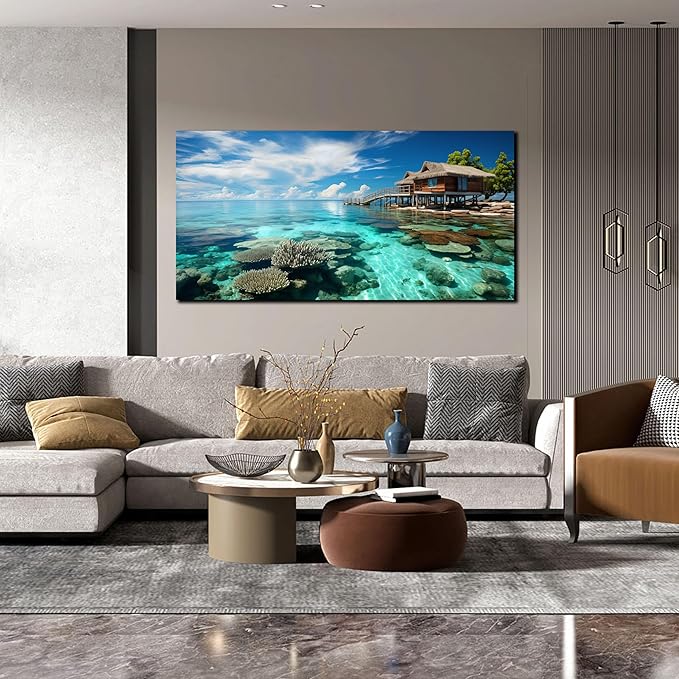 Ocean Scenic Canvas Wall Art, Blue Seascape Wall-Decor Picture , Ocean Scenery Canvas Decoration, Coastal Landscape Print Decorative Artwork for Home living Room Bedroom and Office, Size 48x24 Inches