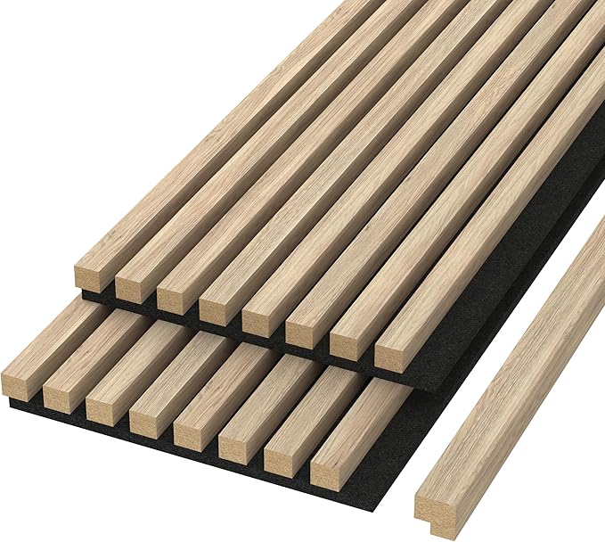 Modern 94” L x 11.25” W Acoustic Slat Wall Panels with End Cap – Wood Sound-Dampening Wall Treatment for Home, Office & Studio – 2-Piece Decorative Noise-Reducing Wall Panel Set (Walnut)