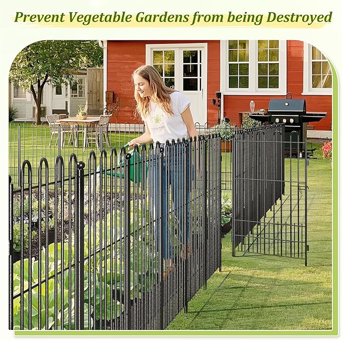 Bepatio Tall Garden Fence Animal Barrier with Gate, 39.5in (H) x 11.5ft (L) 5 Panels Decorative Dog Fence Outdoor for Yard, Heavy Duty Metal Fence Border, Flower Bed, Easy Setup, Black