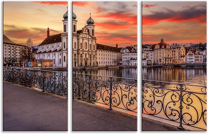 3Pcs European Cityscape Canvas Wall Art Scenic Sunset Over River Cathedral with Domes Lucerne-Inspired Architecture Romantic Travel Destination Decorative Framed Artwork for Living Rooms Bedrooms