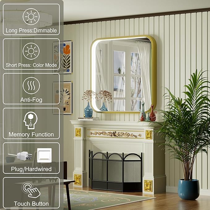 30x30 Inch Gold LED Mirror for Bathroom, 3000K/4500K/6000K, Framed Lighted Bathroom Vanity Mirror with Lights, Anti-Fog, Stepless Dimmable, Memory, Wall Mounted, Horizontal/Vertical