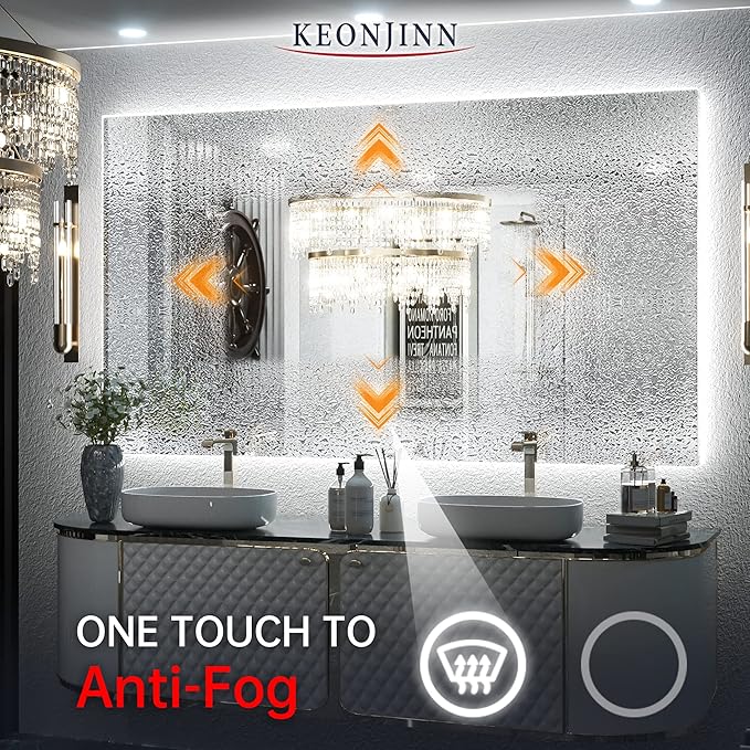 Keonjinn 48 x 28 Inch LED Bathroom Mirror with Backlit, Anti-Fog, CRI90+ HD Dimmable Vanity Mirror, High Lumen, Horizontal/Vertical Wall Mount, UL Listed Lighted Vanity Mirror, Waterproof