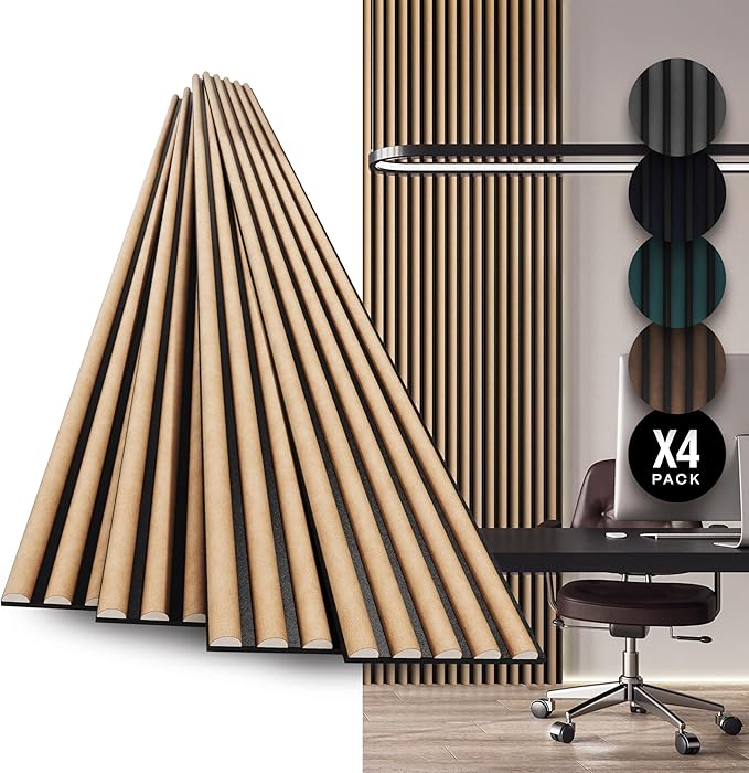 4-Pack Wood Slat Wall Panel – Velvet-Covered Wood Panels for Wall, Acoustic Panels for Interior Decor, Decorative Slat Paneling for Home, Office, Studio (Smoked Oak)